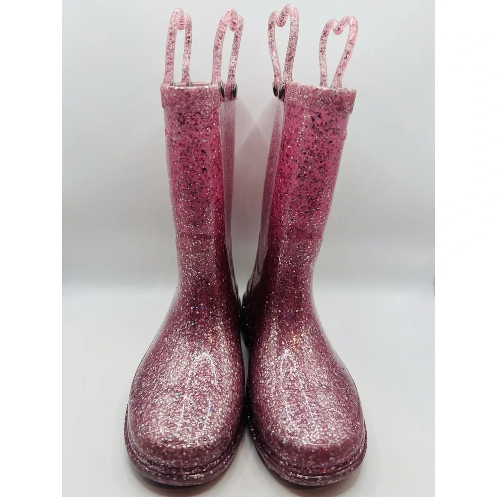 Western Chief Abby Pink Glitter Rain Boots Waterproof Pull On Kids US 11 Sparkle